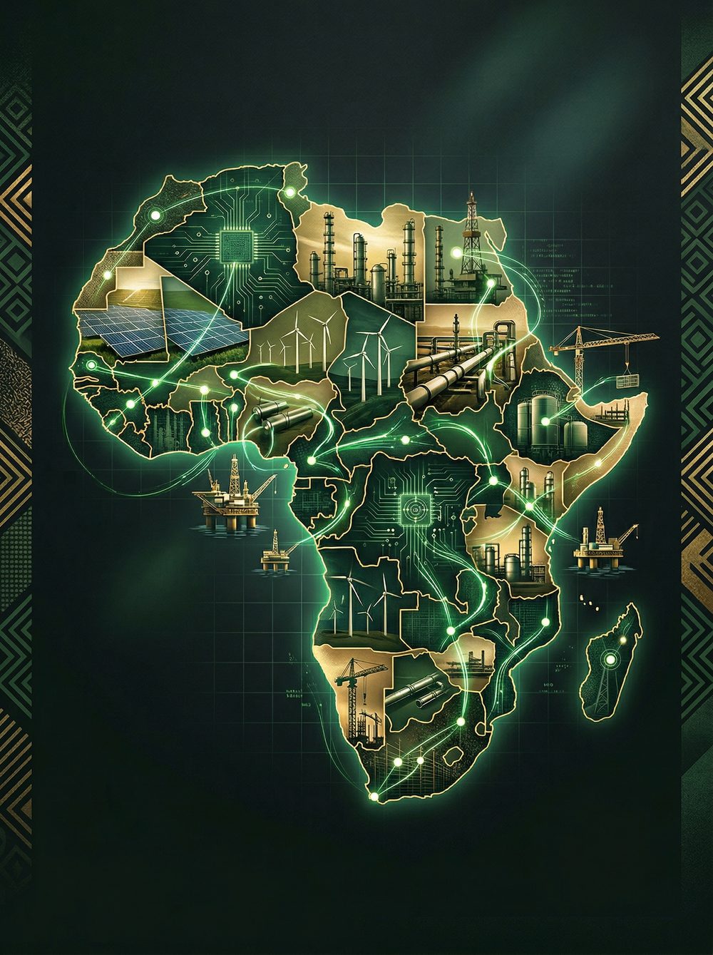 Africa map collage showing Lemstar energy infrastructure services — pipelines, gas plants, offshore platforms, AI technology, and renewable energy across the continent