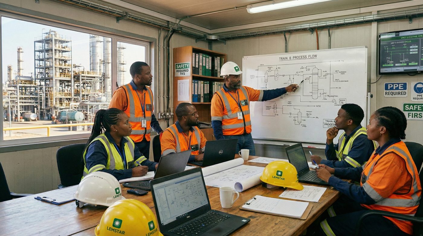 Lemstar engineers in PPE collaborating in a facility control room with process flow diagrams and SCADA monitors